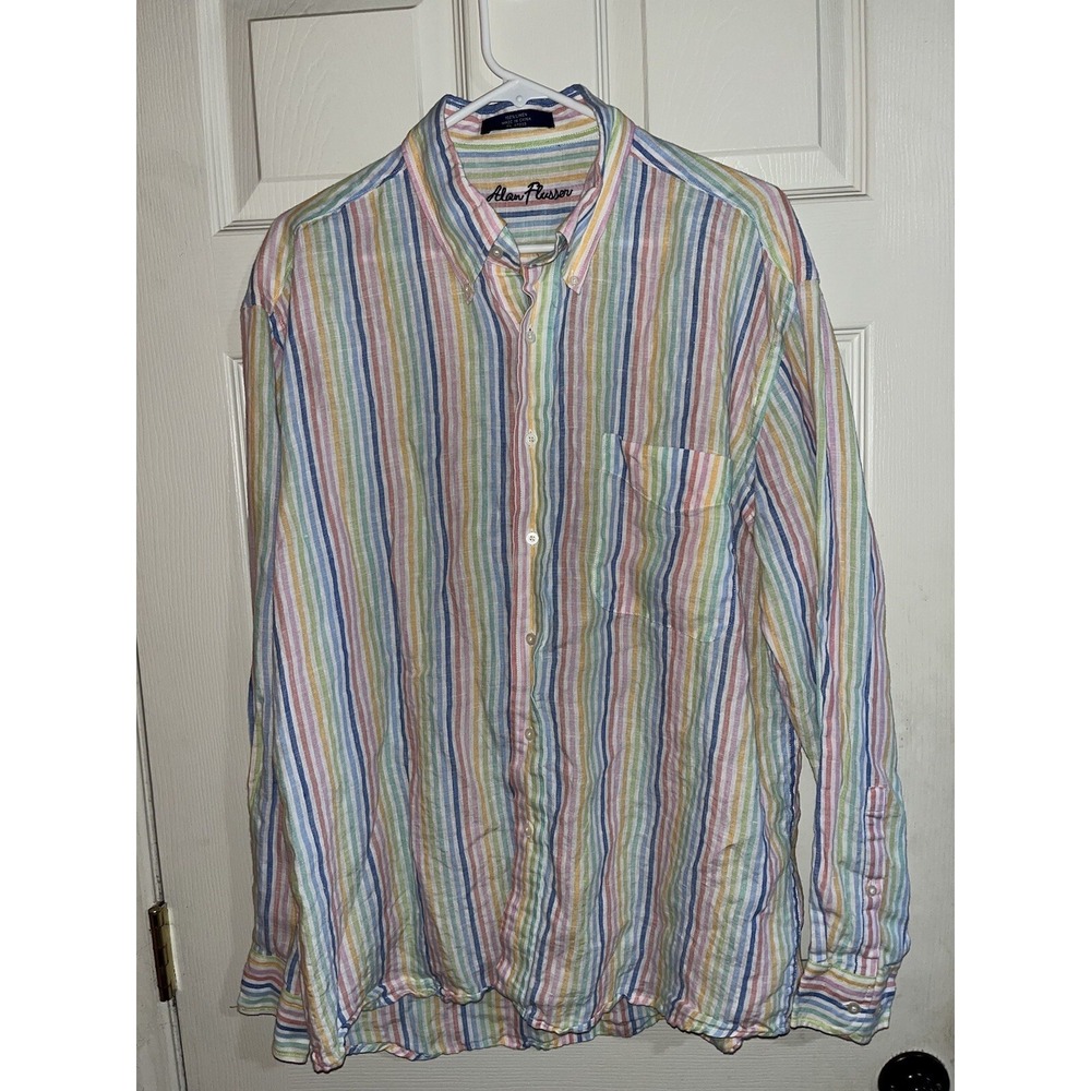Alan Flusser Shirt Mens Large Multicolor StirLinen Casual Button Up Long Sleeve